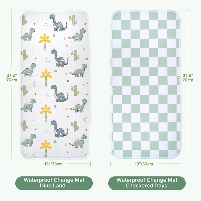 haakaa Waterproof Changing Pad Liners, 100% Cotton, Soft & Breathable (2pcs, 13" x 27.5" Dino Land+Checkered Days)