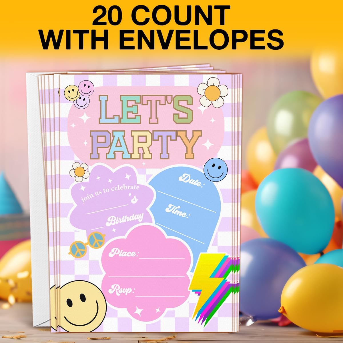 Let’s Party Birthday Invitations, Retro Smile Face Birthday Party Fill in Invites Cards With Envelopes (20 Count), Double Sided Design
