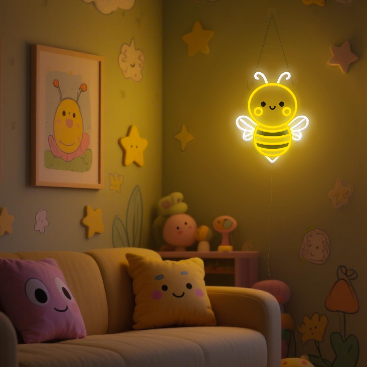 Bee Neon Sign Wall Art  Honey Bee Decor For Bedroom Living Room Office Patio Garden Stores  Usb-Powered Energy-Saving Light With Hanging Kit  Gifts For Kids Women Beekeeper