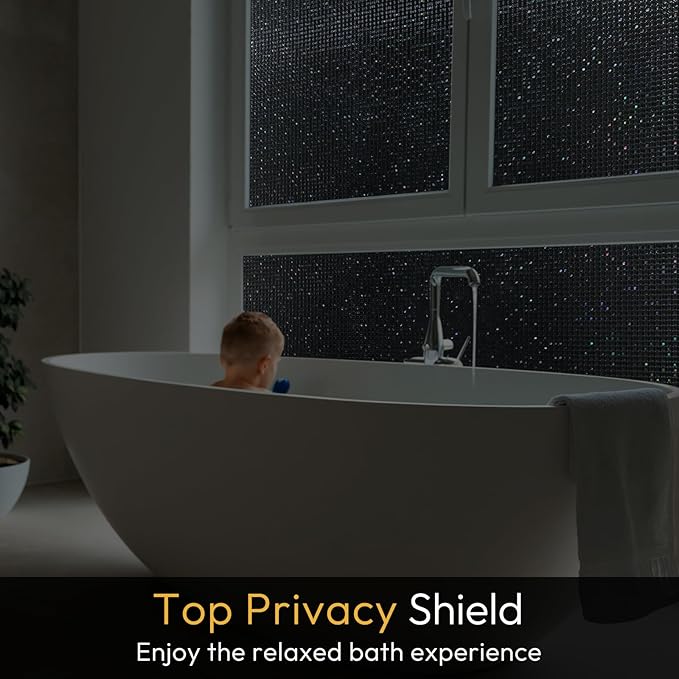 rabbitgoo Window Privacy Film Blackout Mosaic Static Cling Decorative, Removable Rainbow Window Film, Non-Adhesive Heat Control UV Blocking for Bathroom, 23.6 x 78.5 inches Black