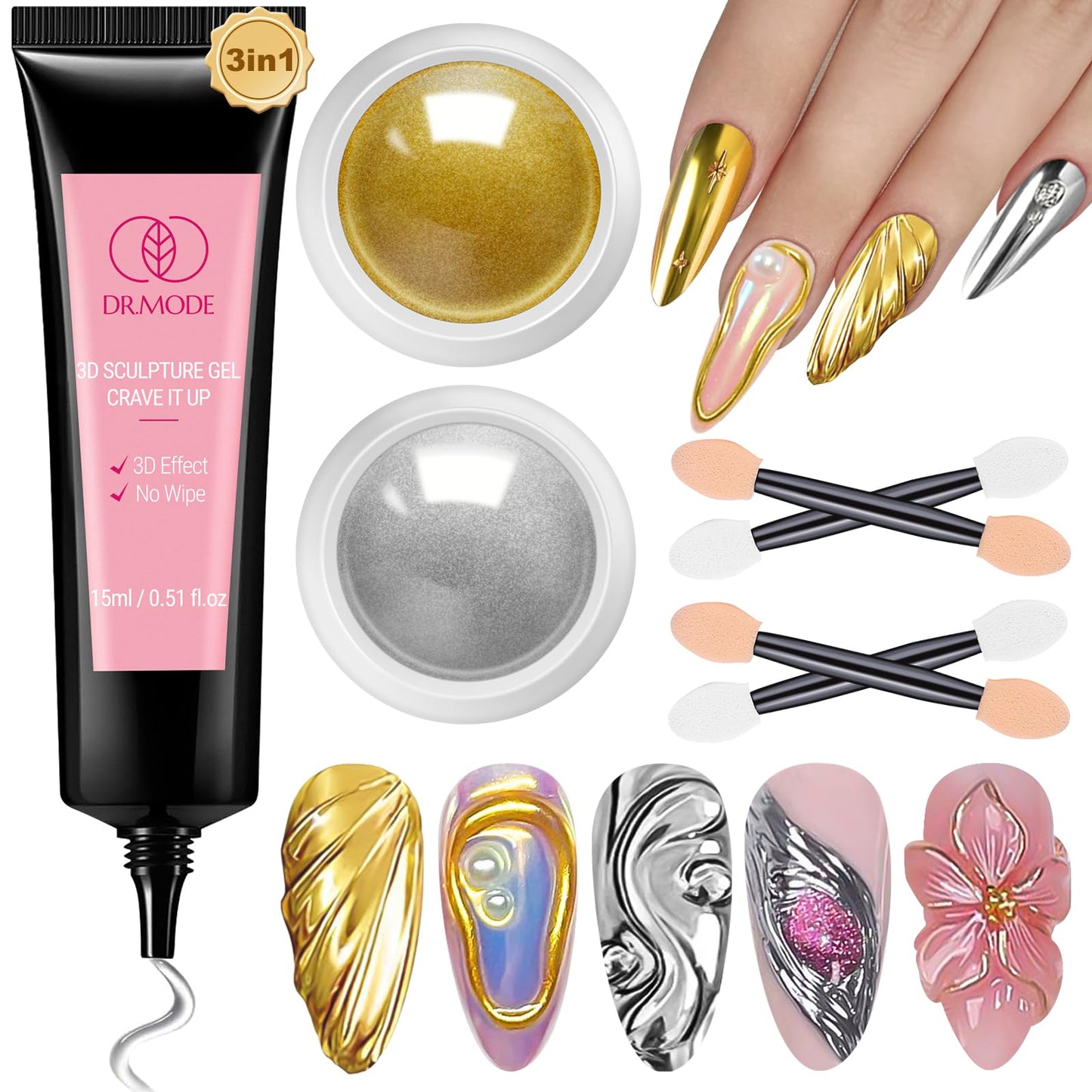 3D Nail Gel and Chrome Nail Powder Kit, 3 in 1 No Wipe Clear 3D Sculpting Gel for Nail Art Carving Molding Rhinestone Glue 15g,