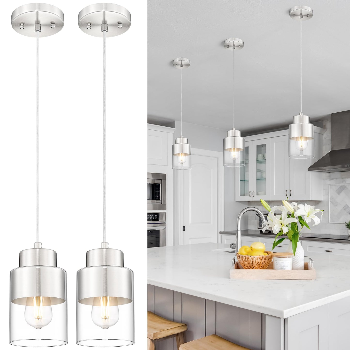 Audickic 2-Pack Pendant Lights Kitchen Island  Brushed Nickel Dual Shade Hanging Lights Fixtures With Metal And Clear Glass  Kitchen Pendant Lighting Over Island For Dining Room  Ad-24022-1P2-Sn