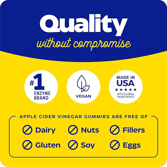 Enzymedica, Apple Cider Vinegar Gummies, Made with The Mother, 12 Organic, USA-Grown Apples per Bottle,[c][d] 1000 mcg Vitamin B12 per Serving, Natural Apple, 74 Count