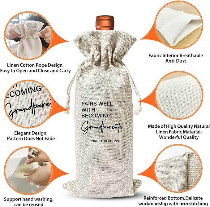 Grandparents Gift Wine Bag, Baby Announcement Wine Gift Bags Gift For New Grandpa Grandma, Grandparents Aunt Uncle, Baby Announcement Cotton Burlap Wine Bag
