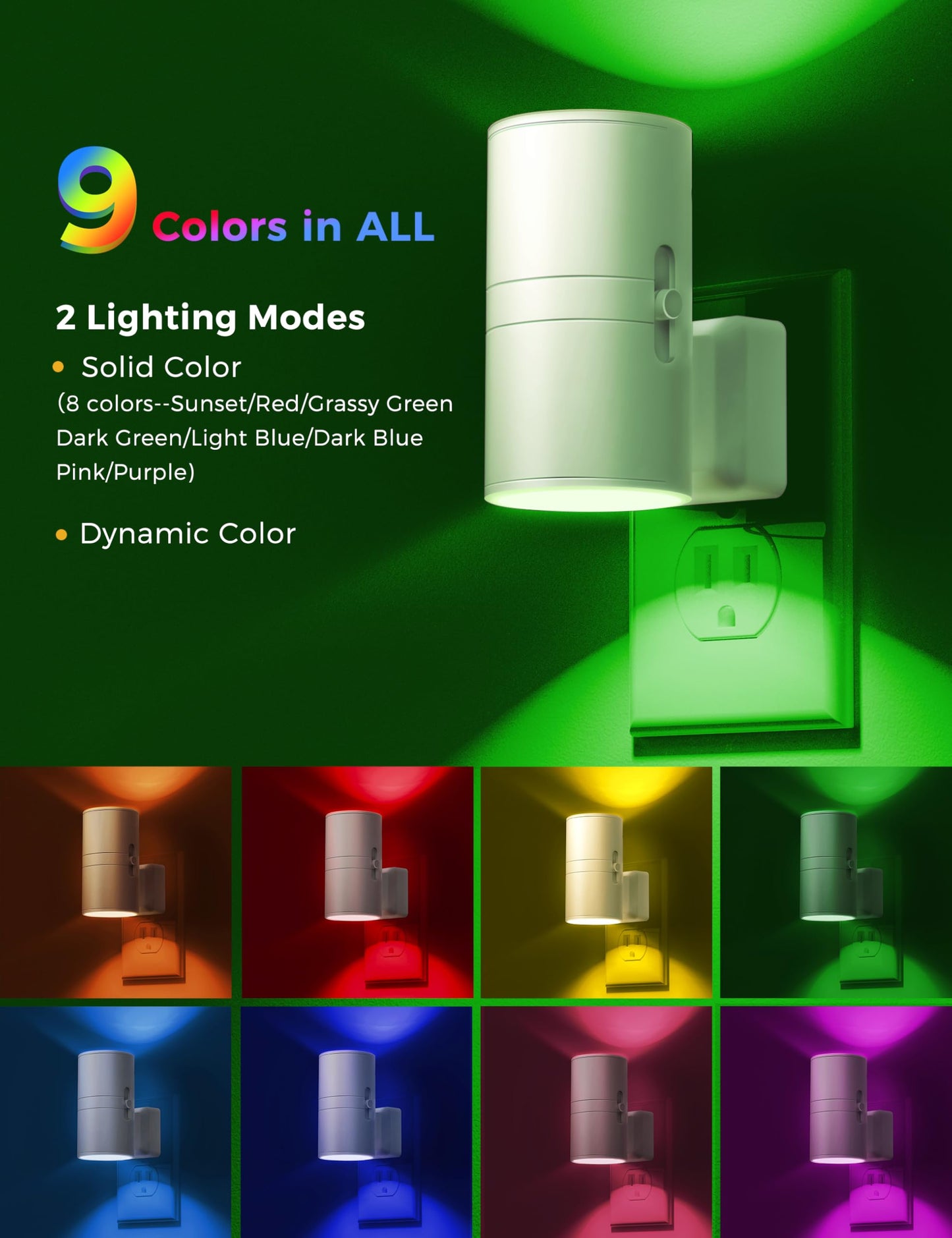 L LOHAS LED Night Light, Color Changing RGB, Light Sensor, 2 Pack, Multicolor, Model GY-063-09-WH-US-2, Plug into Wall