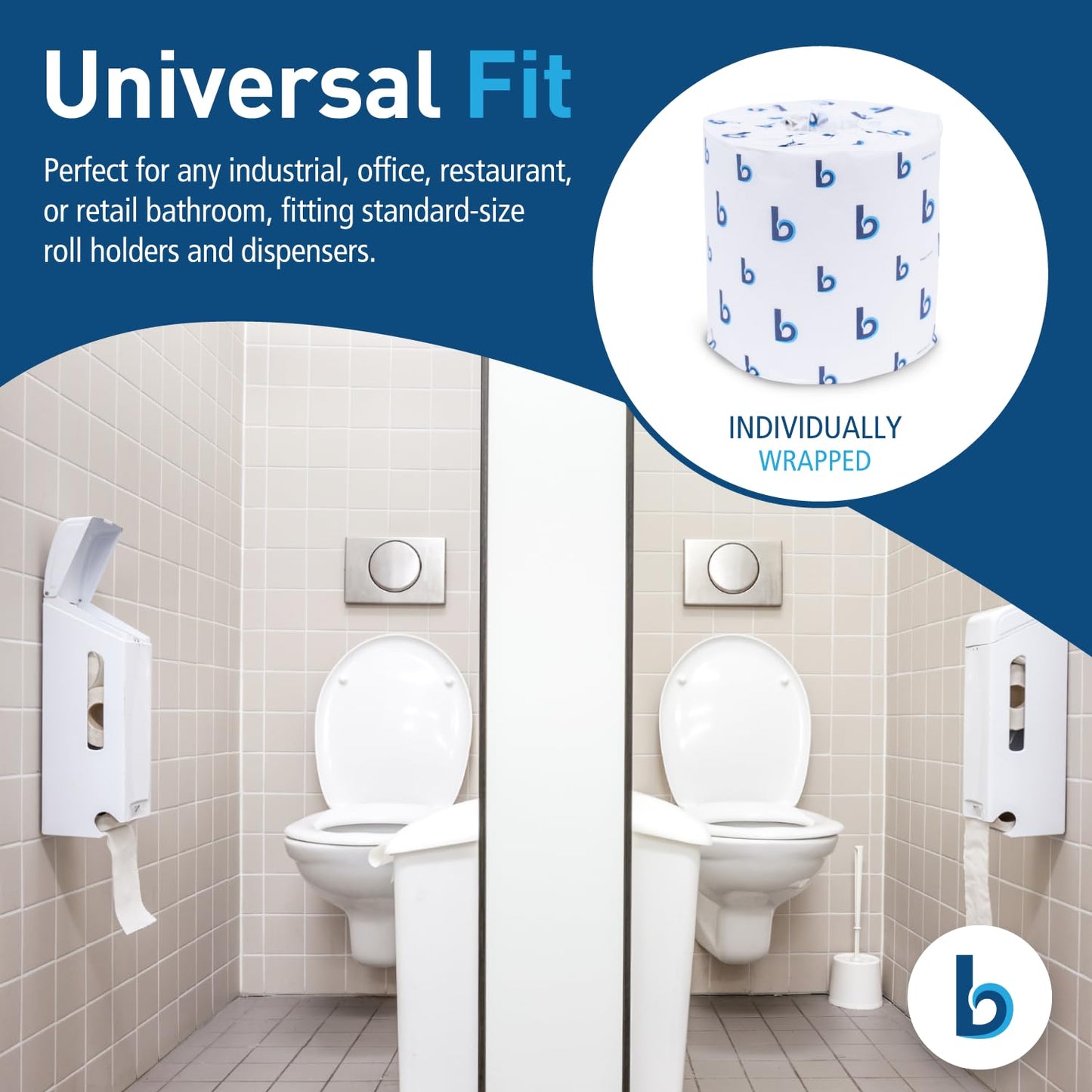 Boardwalk 2-Ply Bathroom Toilet Paper Tissue, Septic Safe, 500 Sheets/Roll, Bulk Quantity 96 Rolls/Carton, 4" x 3", White