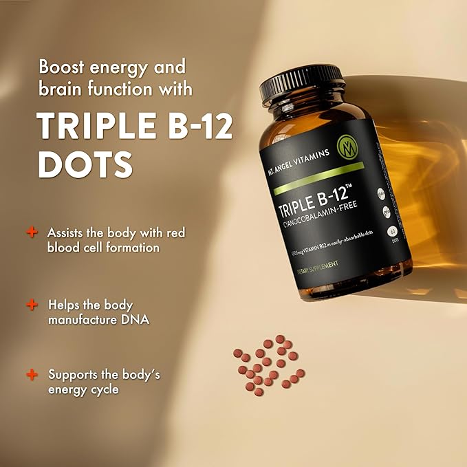Mt. Angel Vitamins - Triple B-12 Dots | Fast-Dissolving Dots, Blend of Methylcobalamin, Adenosylcobalamin & Hydroxocobalamin, Supports Energy and Nervous System Health – 60 Dots