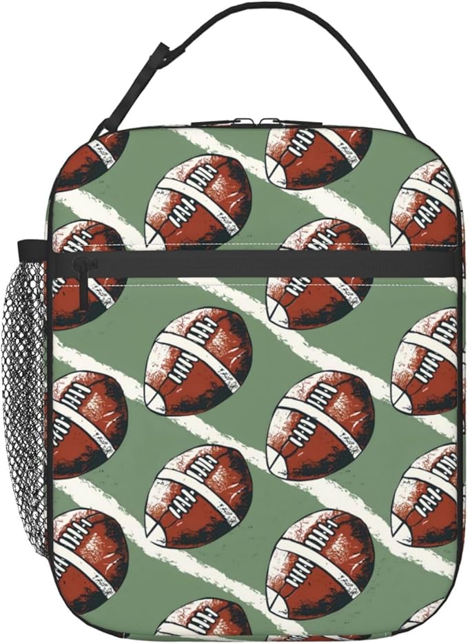 Football Lunch Box for Players,Adults,Men,Sport Ball and Green Background Insulated Lunchbox,Leakproof Tote Bag,Reusable Cooler Bags for Work,Picnic,Office,Travel,Athletic Lunchbag Gifts