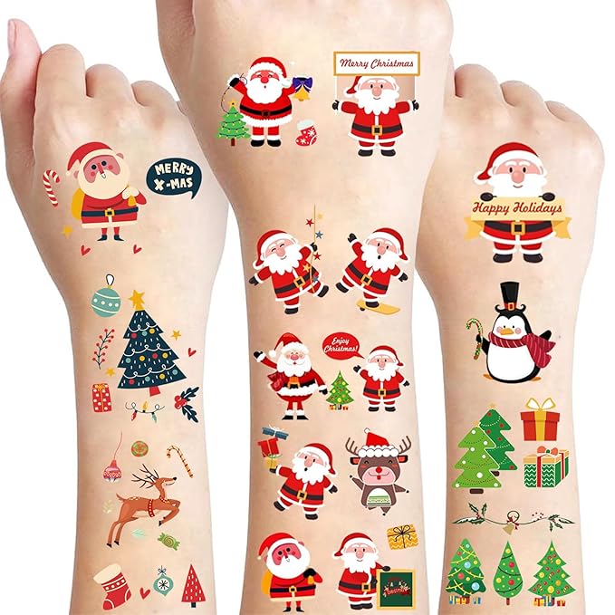 Christmas Temporary Tattoos for Kids, 240PCS Cartoon Xmas Body Stickers, Santa Claus Snowman Reindeer Socks Face Fake Tattoo Makeup, Christmas Holiday Party Favor Supplies Decorations Boys Girls