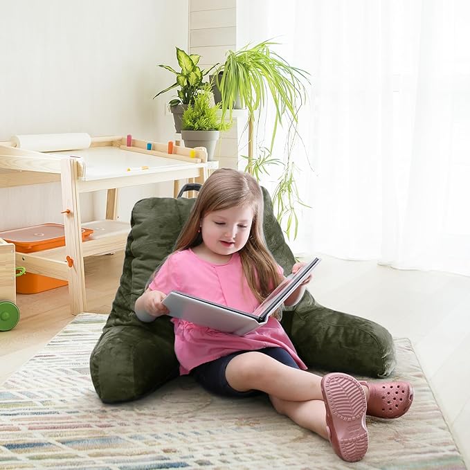 Nestl Reading Pillow for Kids, Small Bed Pillow, Back Pillow for Sitting in Bed, Memory Foam Chair Pillow, Reading & Bed Rest Pillows, Olive Green Back Pillow for Bed, Arm Pillow with Pockets