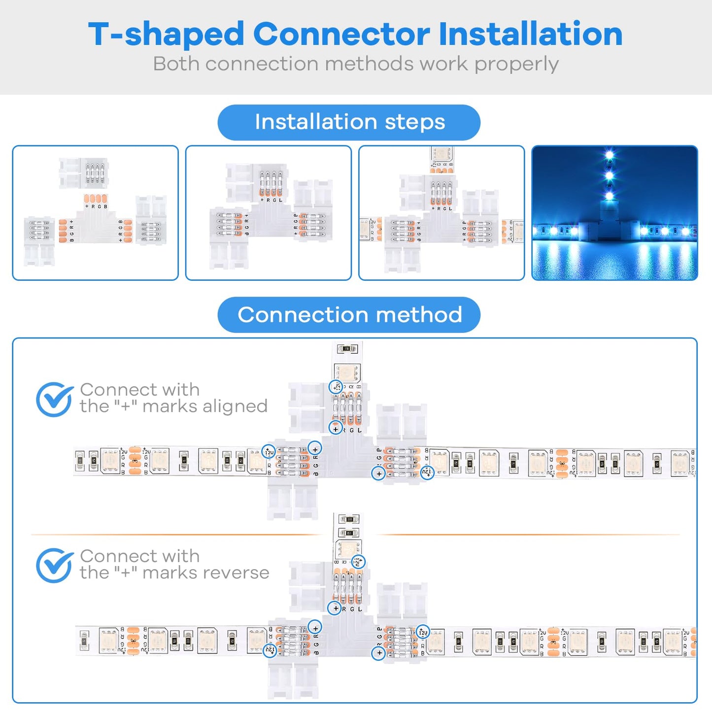 Pmxary 42Pcs 4 Pin Led Strip Connectors Kit For 8Mm Wide Rgb Led Strip Light  Includes 8 L-Shaped  4 T-Shaped  And 30 Solderless Led Light Connectors Clips  Easy For Diy Lighting Projects