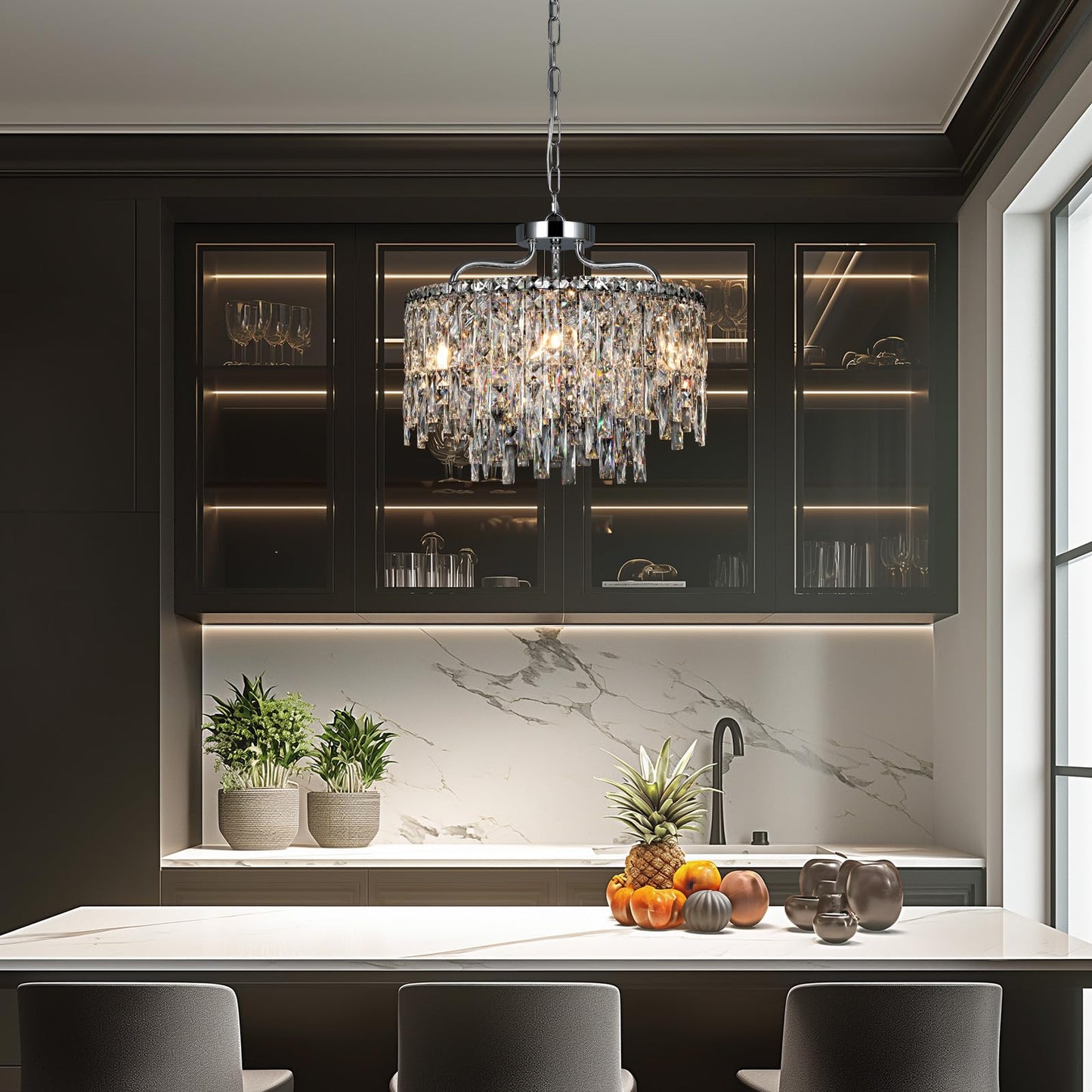 Nisidun Chrome Crystal Chandelier  Modern stylish Round Dining Room Chandeliers Over Table 6 Lights Chrome Ceiling Pendant Lighting For Dining Room Bedroom Entryway Foyer Staircase