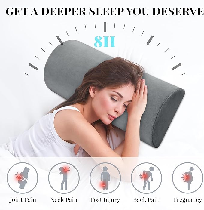 Knee Pillow for Side Sleepers Memory Foam Leg Pillows for Sleeping Yoga Bed Half Moon Bolster Pillow for Neck Pain Relief with Pillowcase 20.5x8x4.5 Inches(Fleece Grey, Standard Size)