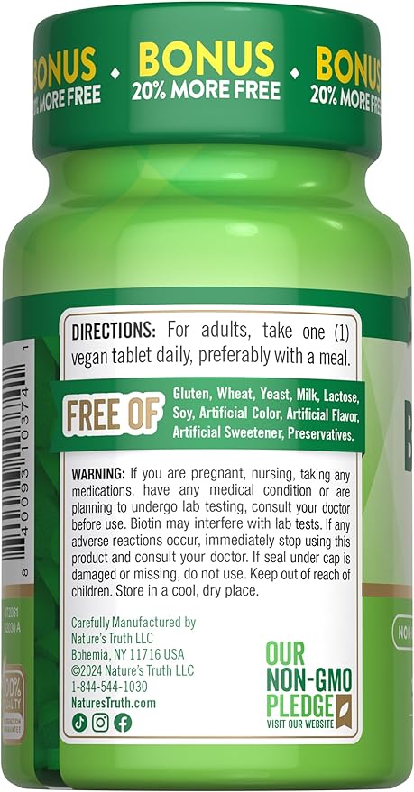 Nature's Truth Biotin 1000mcg | 120 Tablets | Vegan, Non-GMO, Gluten Free Supplement