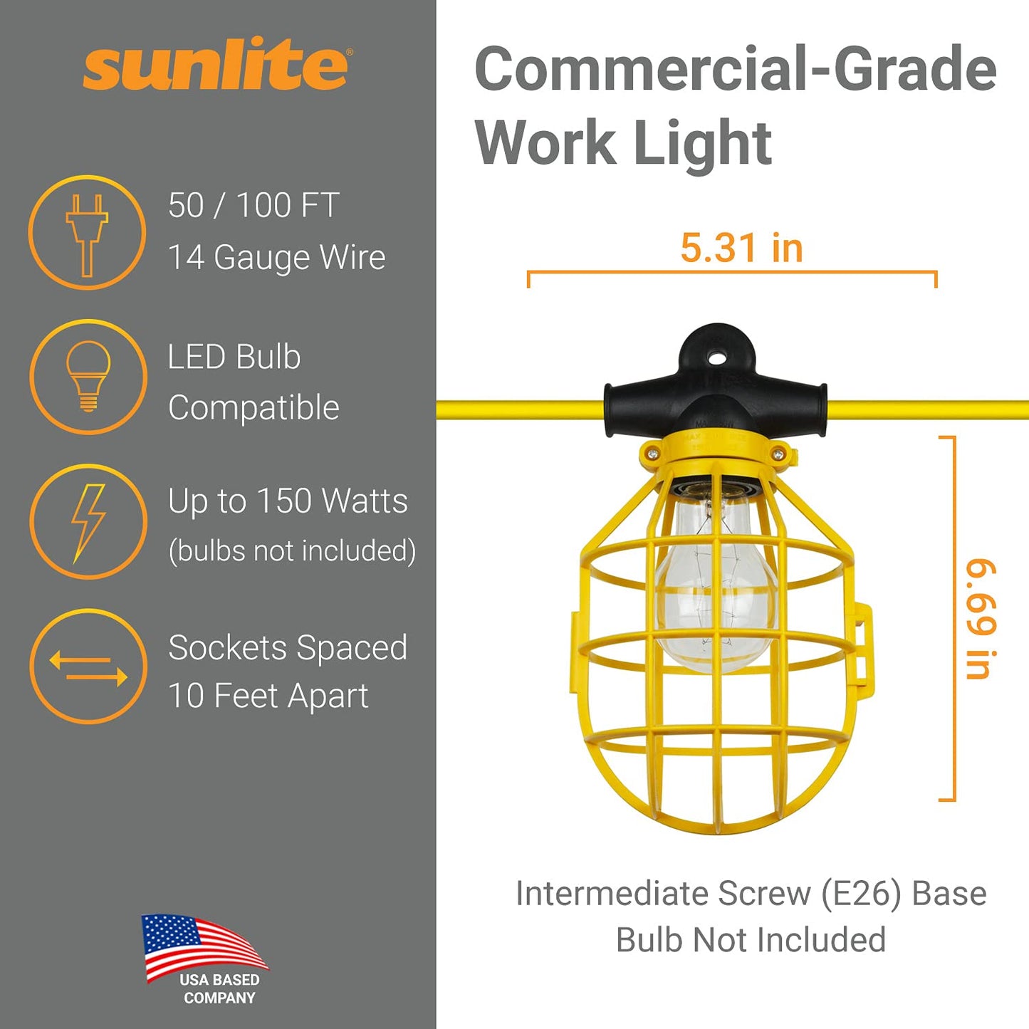 Sunlite Construction Cage String Lights, 50ft, 5 E26 Sockets, 75W Max, PVC, Yellow, Model EX50-14/2/SL, Indoor/Outdoor