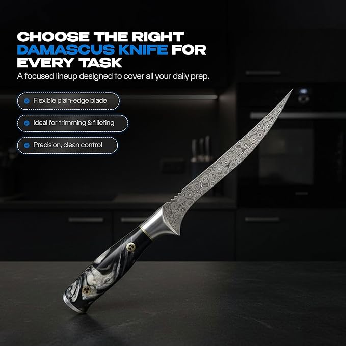 Handmade Damascus 7" Fillet Knife - Flexible Kitchen Knife for Precise Cutting, Ideal Boning Knife for Meat & Fish Fillet, Premium Filet for Fish