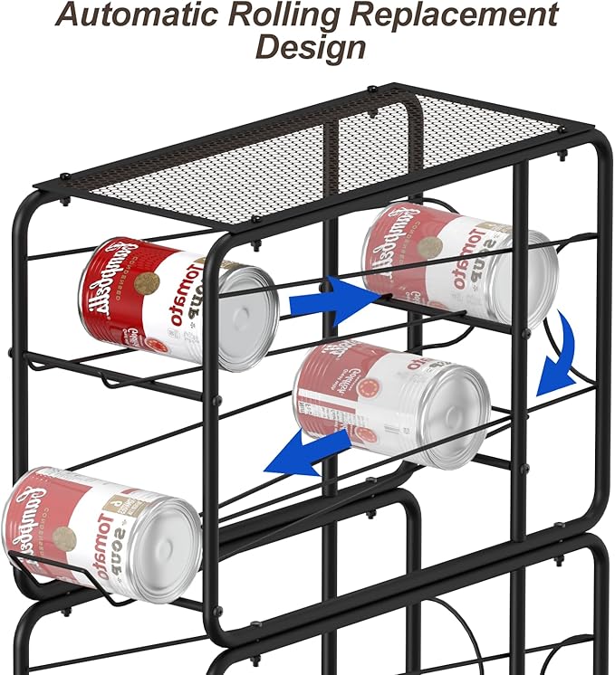 4 Pack Soda Can Organizer, Stackable Metal Can Dispenser for Pantry, Automatic Rolling Canned Food Organizer for Cabinet and Countertop, Black.
