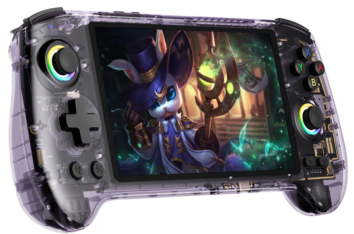 RG557 Retro Handheld Game Console , 5.48 Inch AMOLED Screen Handheld Emulator Android 14 System Dimensity 8300 Processor Support WiFi 6E Bluetooth 5.3(Transparent Purple)