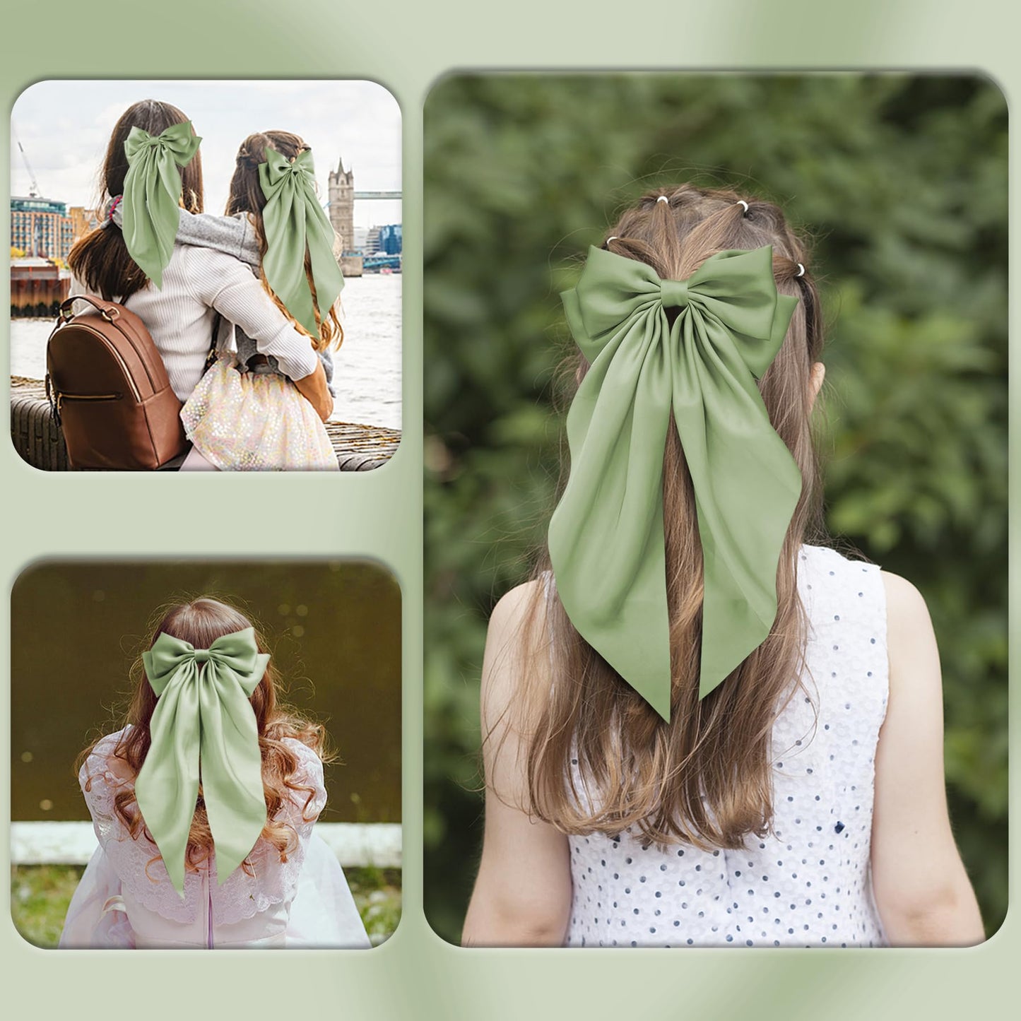 Hair Bows for Women, 2Pcs Olive Green Bow Hair Clips for Girls, Silky Satin Hair Bows Clips Long Tail, Large Hair Barrettes Cute