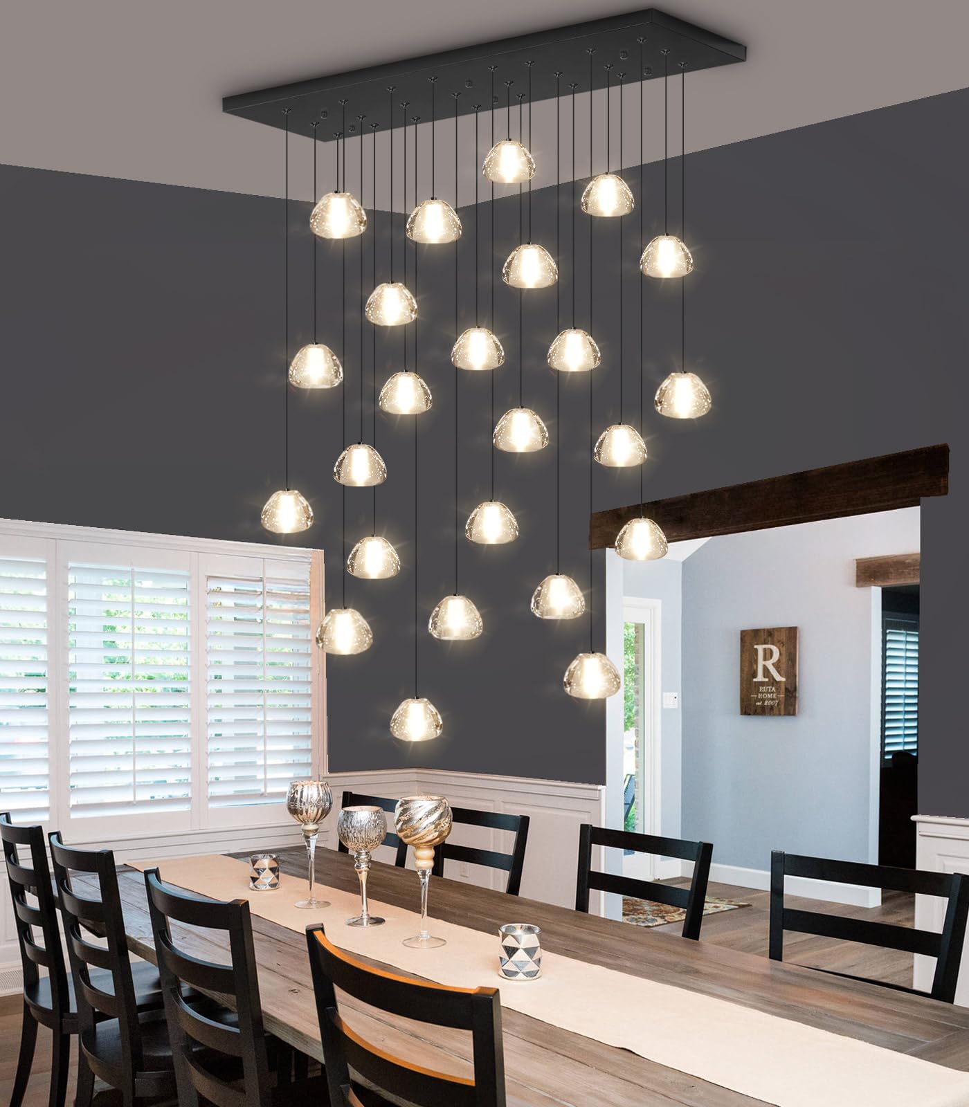 Dolria 24-Lights Modern Rectangular Crystal Chandelier Led Raindrop Ceiling Pendant Light Crystal Lighting Fixture For Living Room Hotel Staircase Hallway Foyer Entryway Bedroom Black