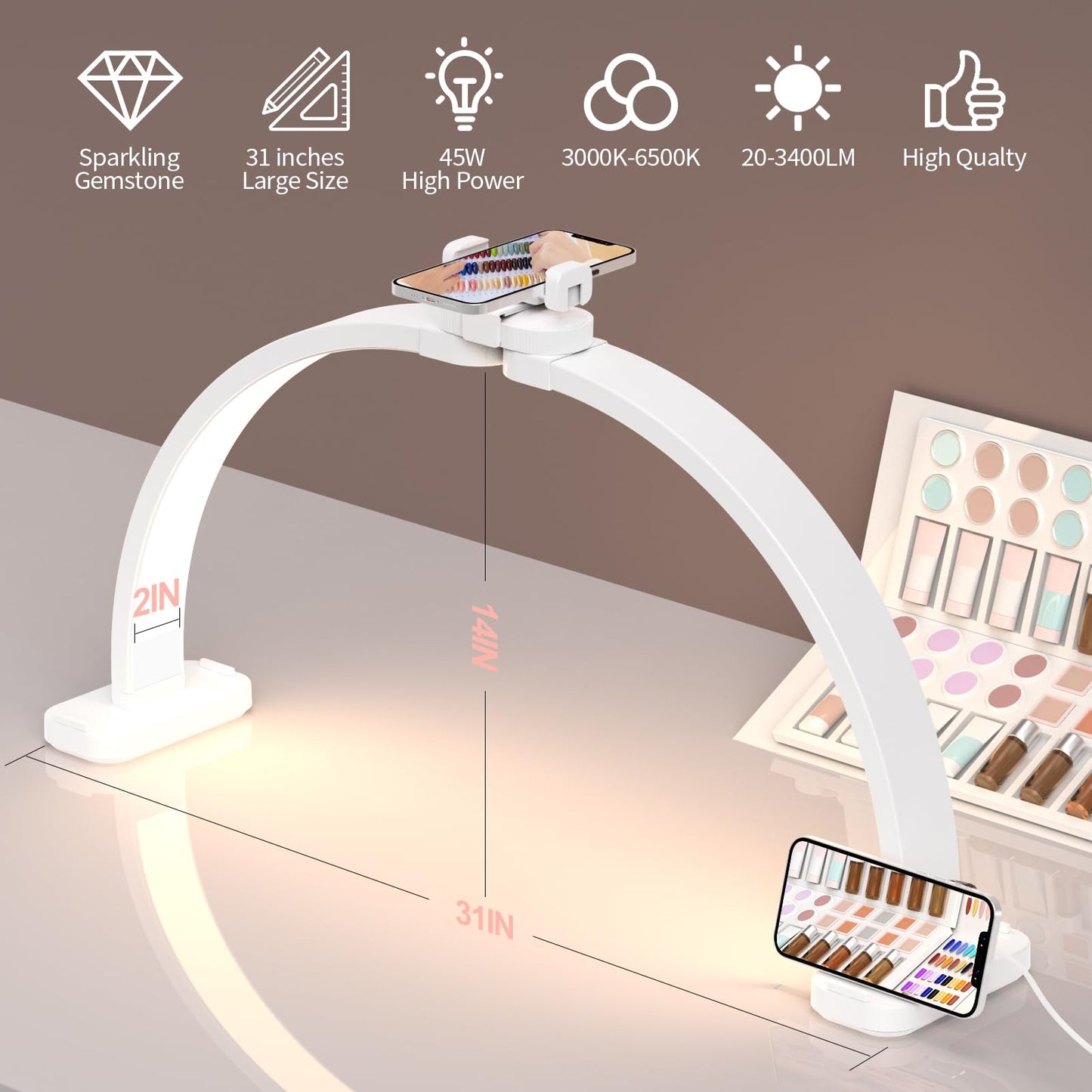 Upgrade 31  Wide-Body Large Half Moon Light for Nail Desk with Phone Holder for Nail Lamp, Foldable Arch Moon Light Nail Tech Pe