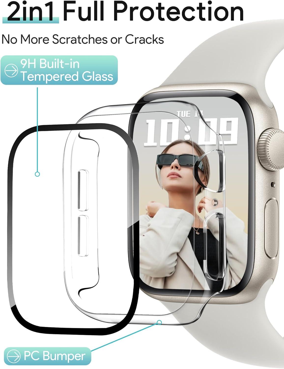 JR.DM 44mm 2 Pack Hard PC Case with HD Tempered Glass Screen Protector for Apple Watch Series 6/5/4/SE/SE2/SE3 Guard Bumper Full Coverage Protective Anti-Scratch Face Cover for iWatch, Clear+Clear