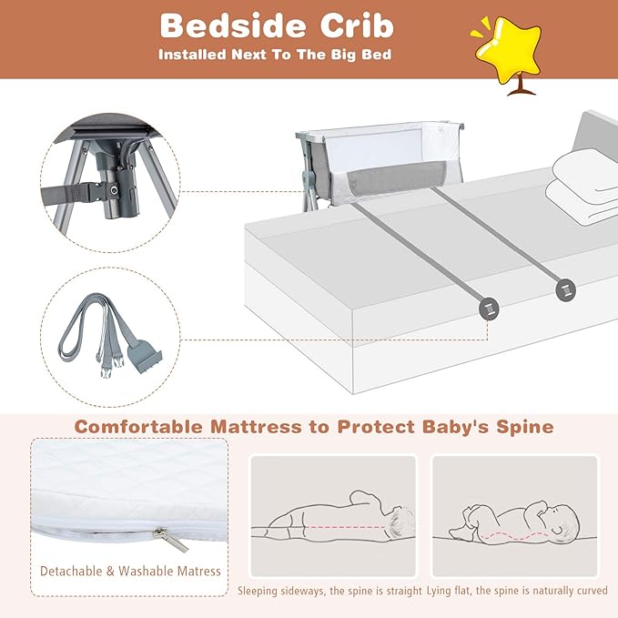 BABY JOY Bedside Bassinet, Portable Baby Crib w/Mattress, Two-Side Breathable Mesh, 7 Height Adjustable, Large Storage, Wheels for Easy Movement, Crib for Newborn Infant, Bassinet for Baby, Grey