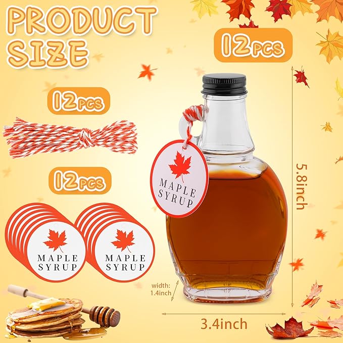 12 Pcs 5 oz Glass Maple Syrup Bottles with Tags,Clear Glass Bottles with Aluminum Lids and Loop Handle, Maple Syrup Jars Storage Glass Containers for DIY Whiskey Sauce Vanilla Gifts