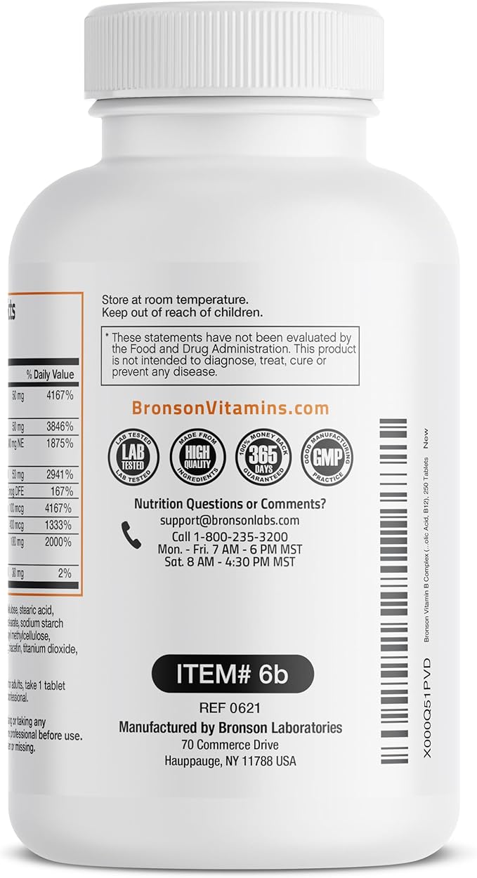 Bronson Vitamin B Complex (Vitamin B1, B2, B3, B6, B9 - Folic Acid, B12), 250 Tablets