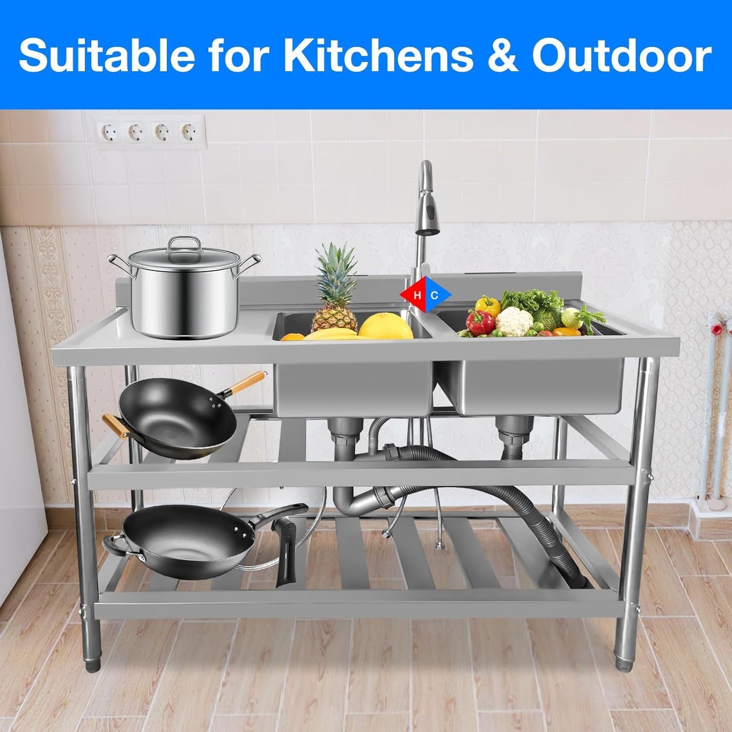 Vivrhintty Free Standing Kitchen Sink with Workbench, Stainless Steel Utility Sink with Set for Commerical, Outdoor, Garage, Laundry Room Use (47.24"D x 17.72"W x 31.89"H)