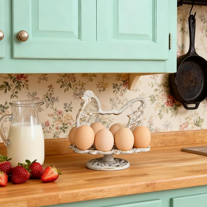 Vintage Cast Iron Chicken Egg Holder, Rustic Farmhouse Kitchen Decor Egg Tray, Heavy Duty Retro Decorative Table Display Stand for 8 Eggs (White with Gold)