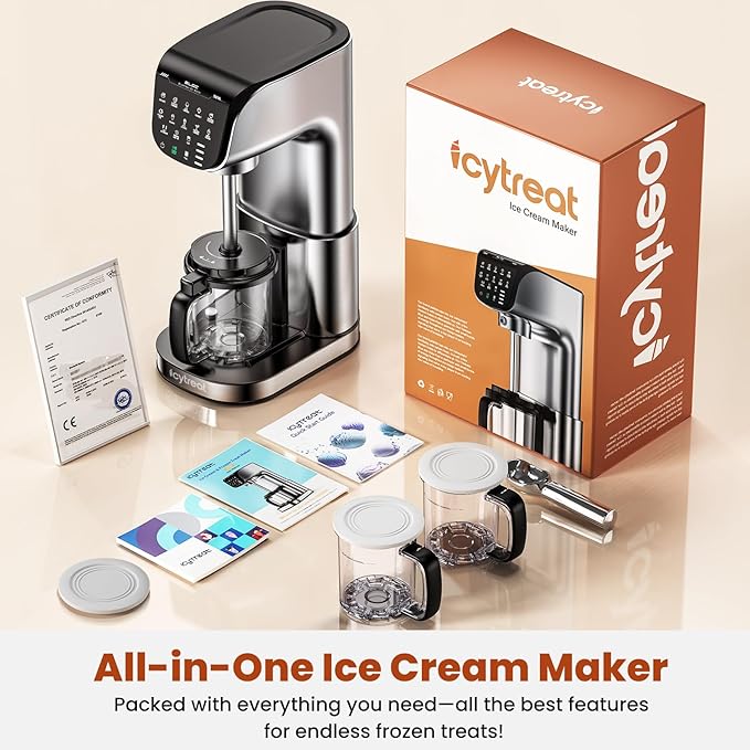 Ice Cream Maker Machine 12-in-1, Full Automatic Stainless Steel Homemade Ice Cream Maker for Sorbet, Milkshake, Frozen Yogurt & More, Easy to Clean Ice Cream Machine, (3) Family-Sized Tritan Tubs