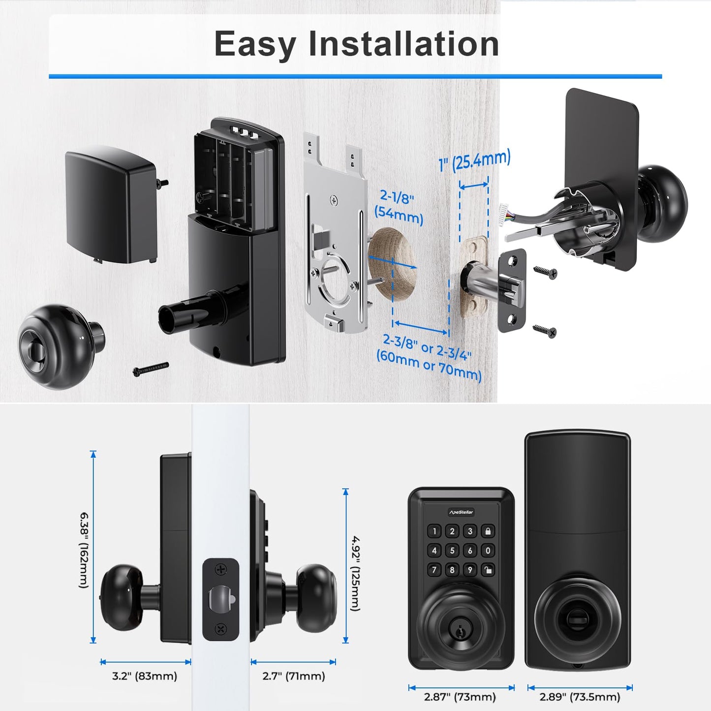 Wi-Fi Keyless Entry Door Lock with Knob - Smart Keypad Door Lock with Handle - Electronic Smart Knob for Front Door - APP Remote Control - No Hub Required - Auto Lock - Easy Installation