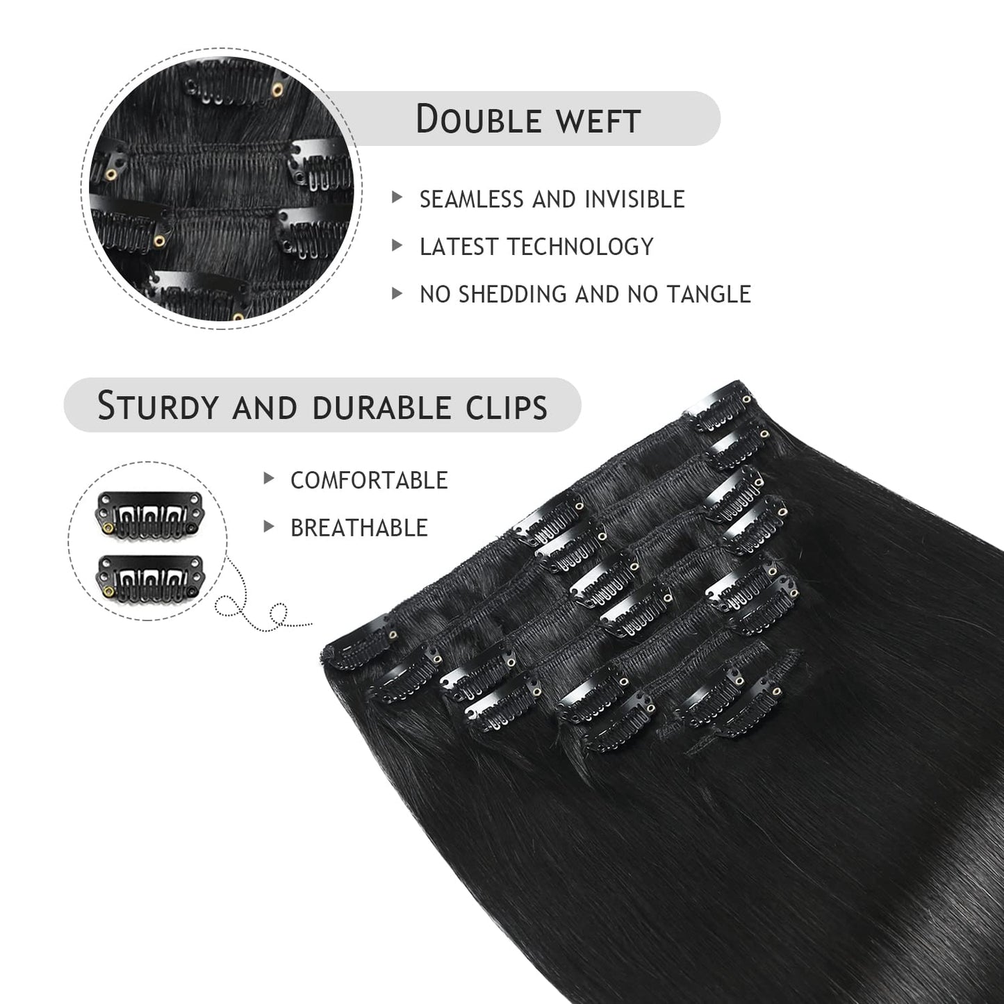 YILITE Jet Black Clip in Hair Extensions Real Human Hair 8Pcs 120Gram/Pack Silky Double Weft Straight Human Hair Extensios Clip