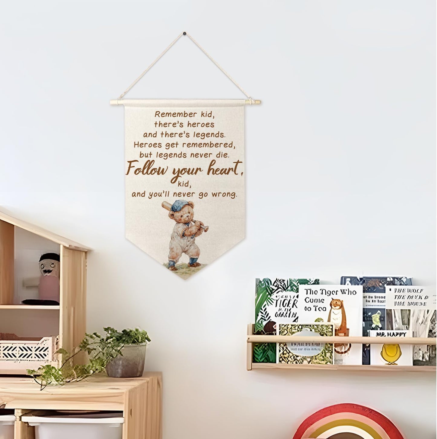 ArtisaEura Bear Nursery Inspirational Wall Canvas Banners, Baseball Bear Nursery Decor, Positive Affirmations Hanging Display Pennant Banner Flags, Baseball Wall Decor for Kids Room Bedroom Playroom