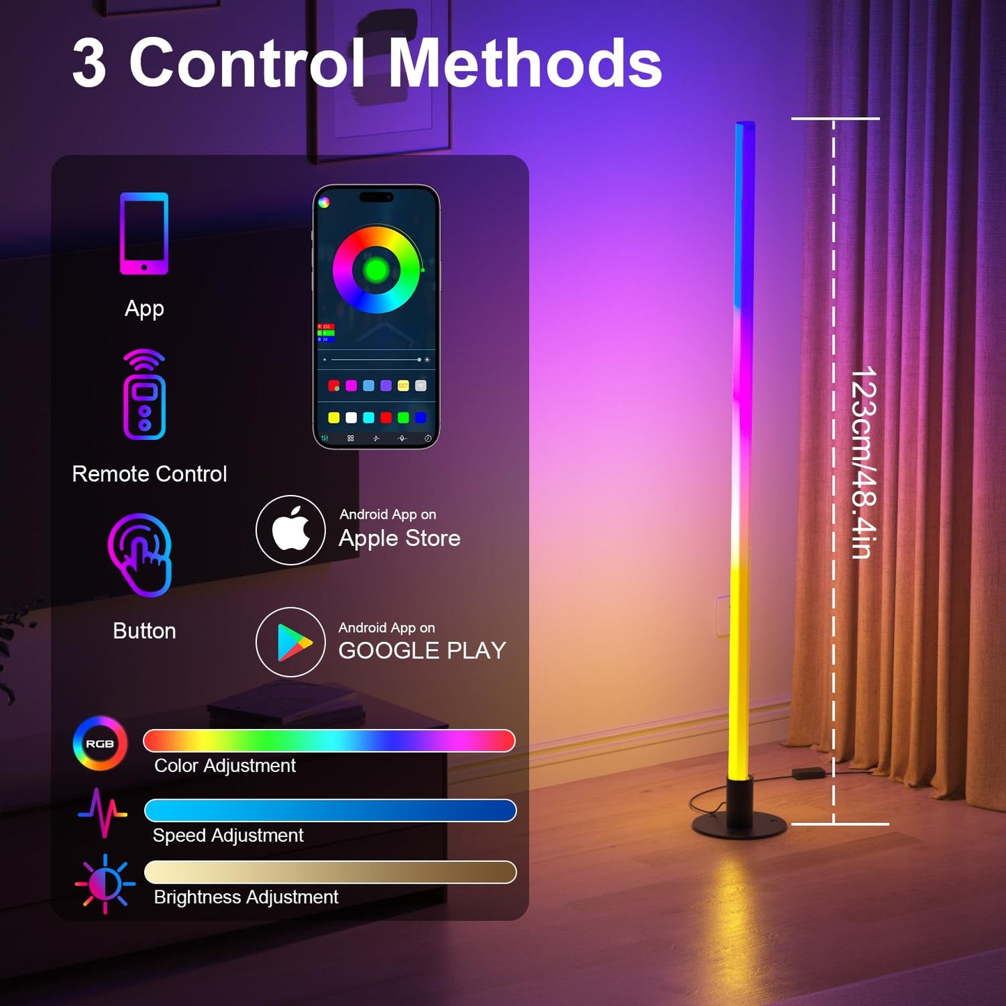 Carry360 Corner Floor Lamp - Smart RGB LED Light, 1200 Lumen, APP & Remote Control, Music Sync, Foldable, Model FL-01