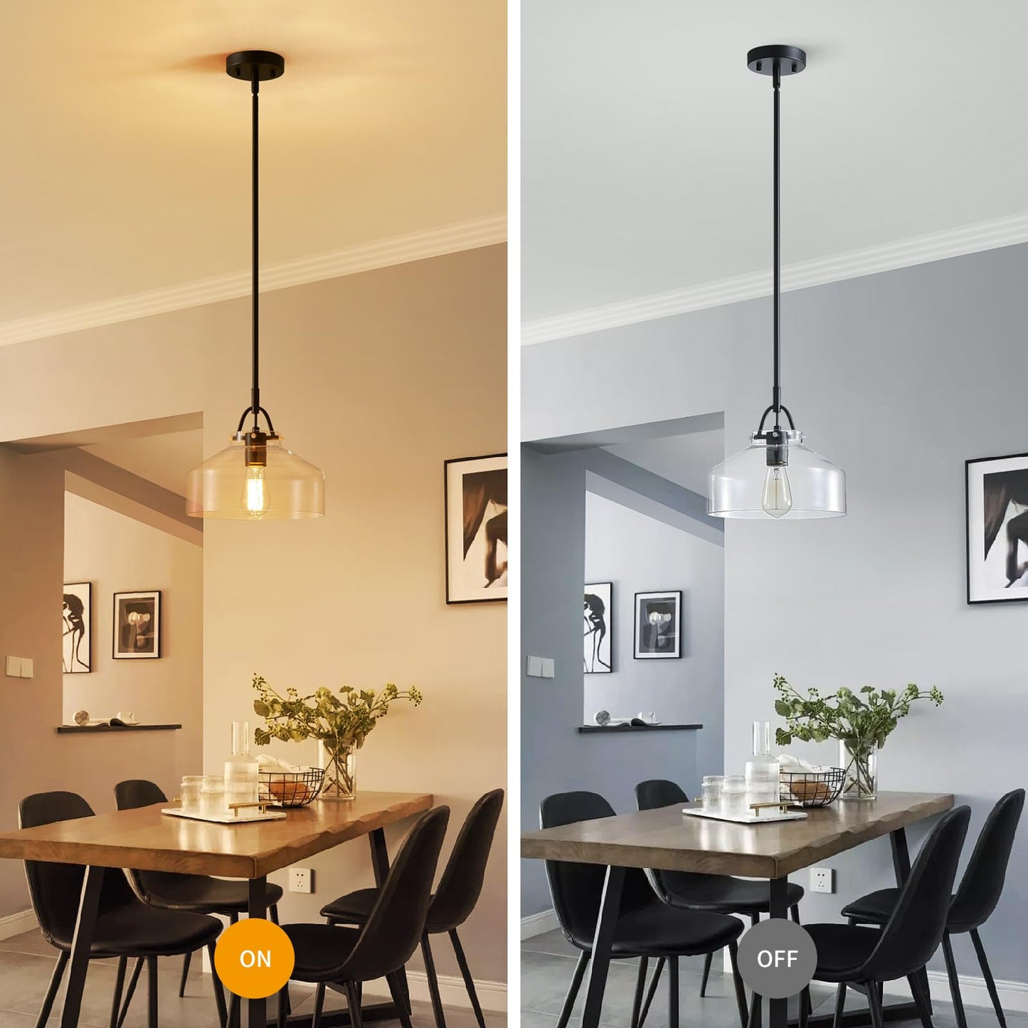 Wuzups Rustic Industrial Chandelier Pendant Light Fixture, Black Metal, 9.4H X 10.6W, E26 Base, Clear Glass Shades For Dining Room, Kitchen, Foyer