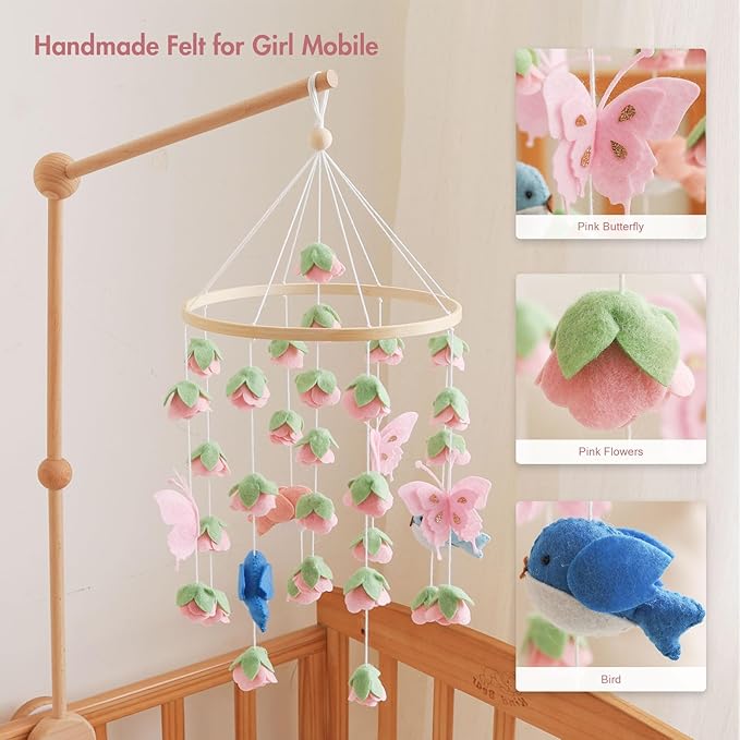 Baby Crib Mobile, Felt Bird and Flower Mobile for Boys and Girls, Baby Mobile for Bassinet, Baby Bedroom Hanging Nursery Decor Gift Set