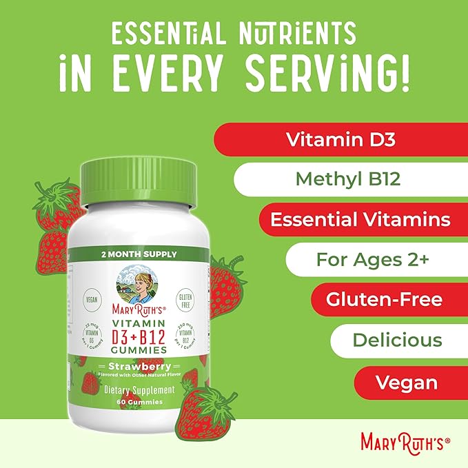 MaryRuth Organics Vegan Vitamin D3 + Vitamin B12 Gummies | 2 Month Supply | Supports Bone Health | Immune Support Supplement | Energy Supplements | Methyl B12 Vegan Non-GMO Gluten Free | 60 Servings