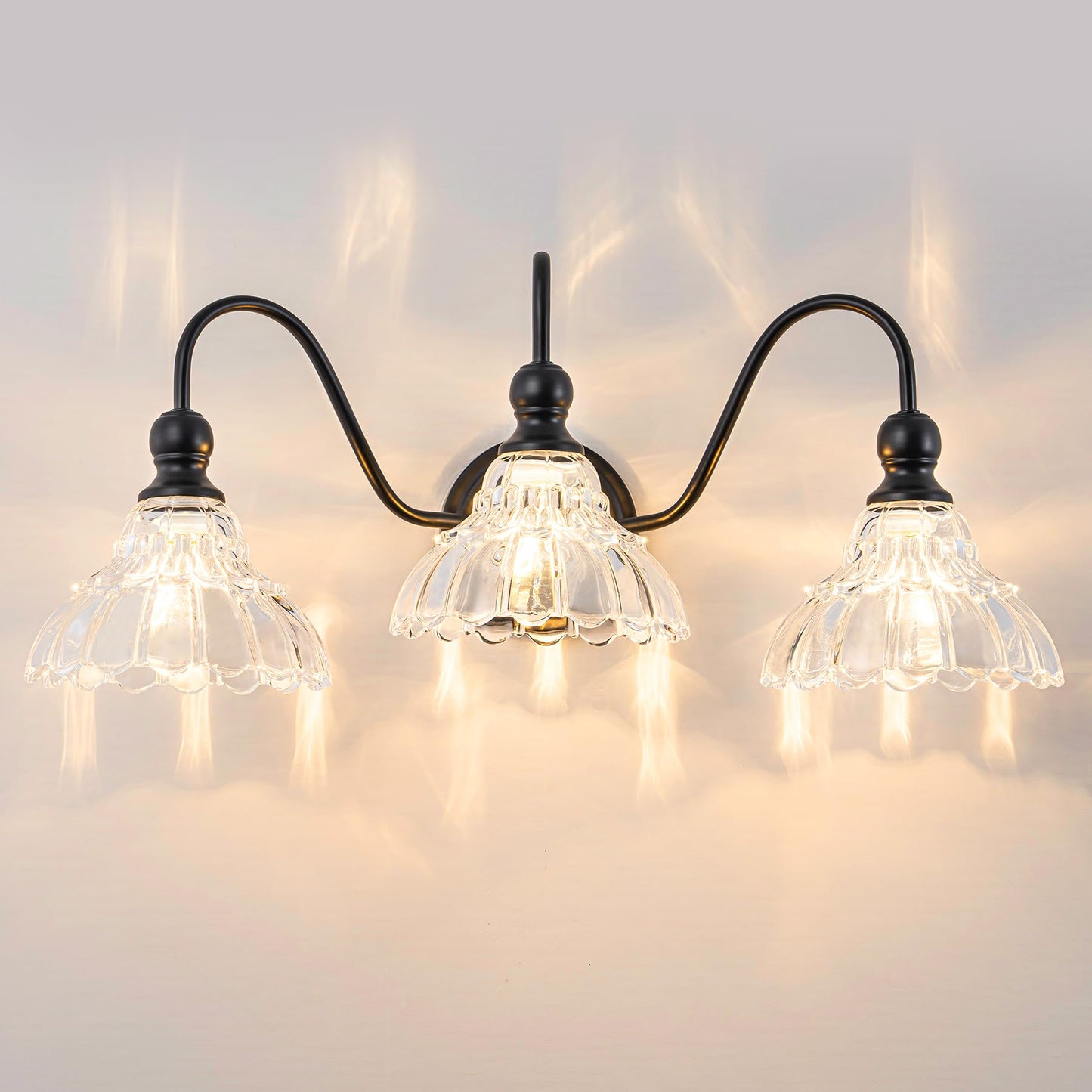 Brknit Vintage Bathroom Light Fixtures Over Mirror  3-Light Black Wall Sconce Lighting With Flower Glass Shade  Farmhouse Vanity Lights For Bedroom Kitchen Living Room Hallway Light