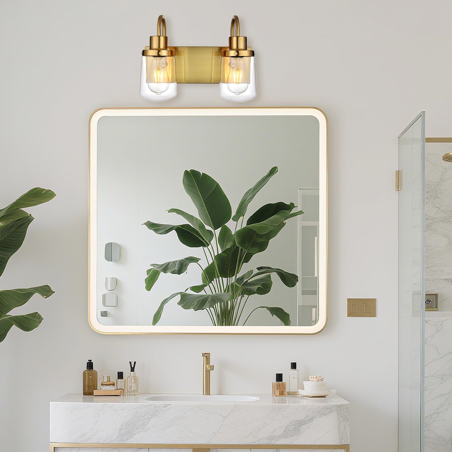 Yaohong 2-Light Vintage Gold Bathroom Light Fixtures, Industrial Wall Sconce with Clear Glass Shade, Model AT9064WL2-YB