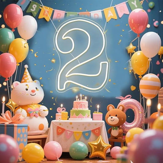 RumonZS Number 2 Light Up LED Neon Sign Backdrop 15.7" Birthday Party Decor Warm White Number One Light Up Sign USB Powere...