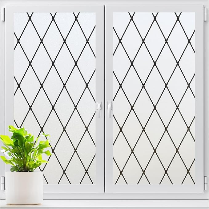 LUTE Frosted Window Privacy Film, Static Cling UV Sun Blocking Heat Control Window Cover, Removable Non-Adhesive Glass Sticker Vinyl Decorative Bathroom Frosting Decals, Black Lattice, 23.6" x 78.7"