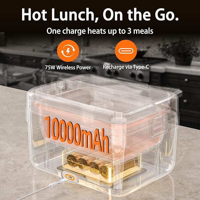 Electric Heated Lunch Box: Cordless 6.3-Cup Portable Food Warmer with 75W Fast Heating & Type-C, Leak Proof Stainless Steel Container for Truck Drivers, Office & Construction Workers, Black