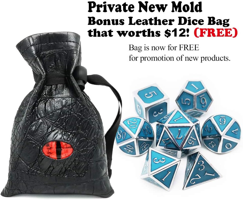Haxtec Glow in The Dark Metal Dice Set D&D Glowing Blue Silver W/Dragon Dice Bag 7 Die D&D Dice Set Compatible with Dungeons and Dragons RPG