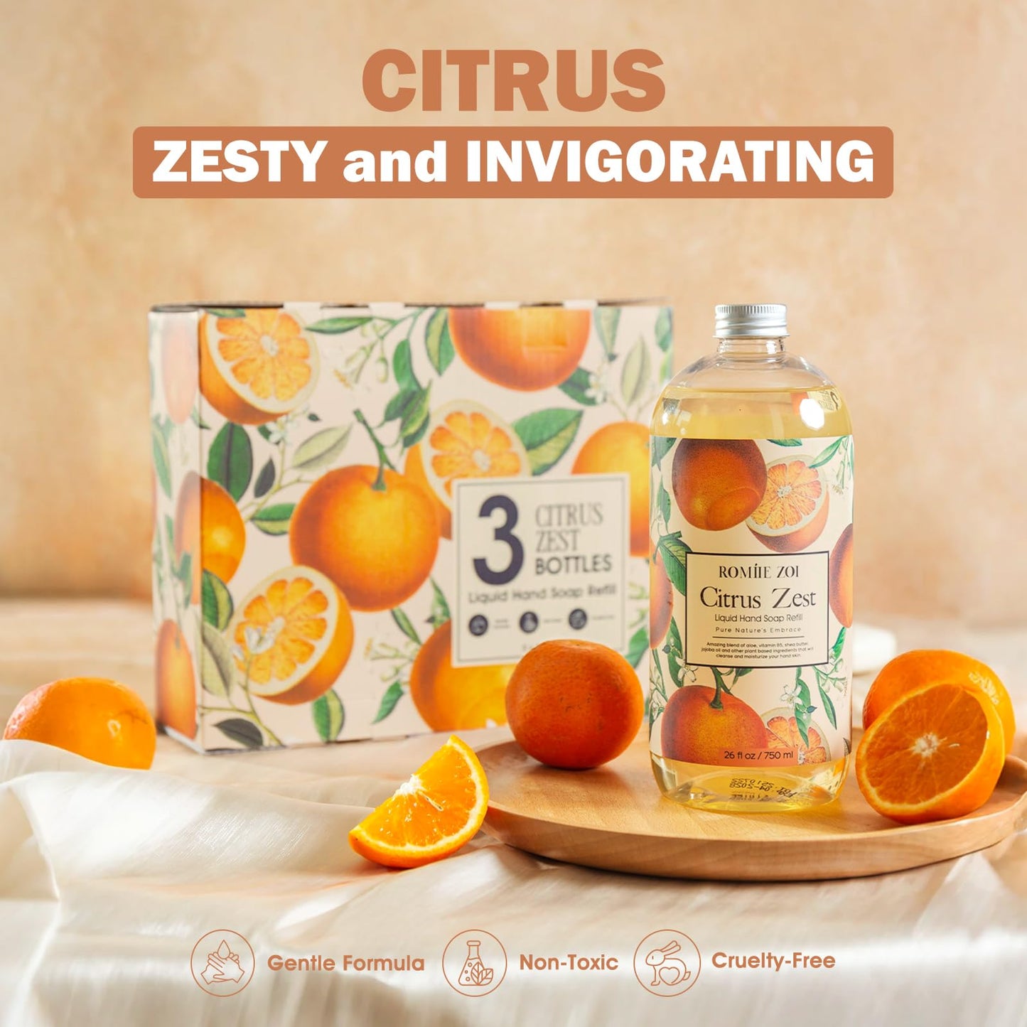 ROMIIE ZOI Liquid Hand Soap Refill Gift Set - 3 Pack (26 Fl Oz Each), Citrus Zest Scent - Moisturizing, Biodegradable & Cruelty-