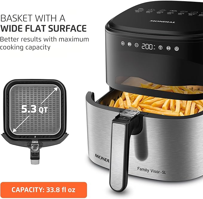 Mondial - Air Fryer Digital Visor Inox 5.3QT Capacity - High Power & Elegant Stainless Steel Finish - Black & Inox