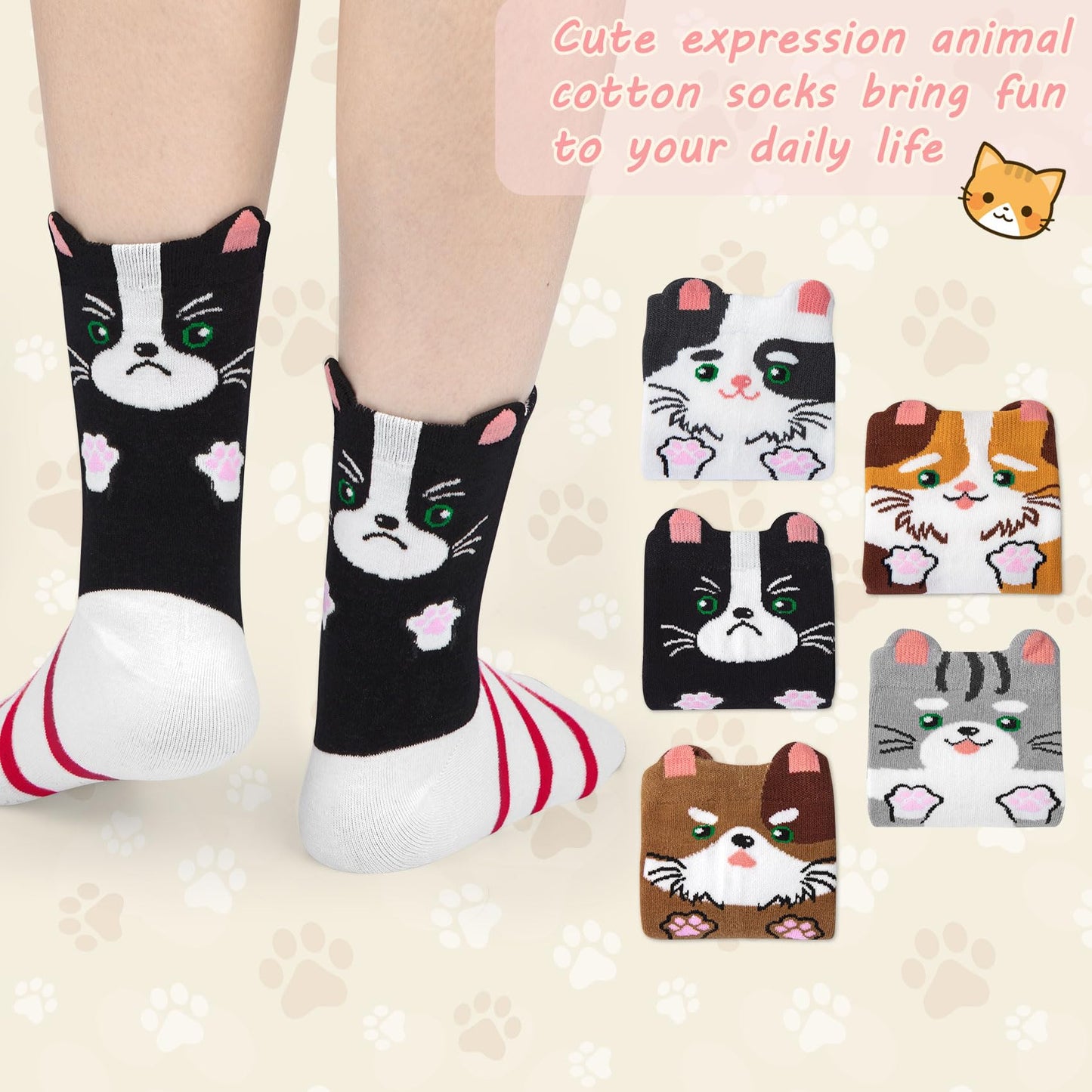 Cropgain 5 Pairs Women Girls Socks Cute Animal Socks Cat Dog Cow More Fun Novelty Socks Gifts for Girls,Mixed Striped Cats