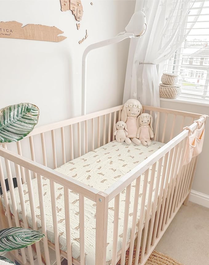 Pack and Play Sheets for Baby Boy and Girl 2 Pack, Neutral Muslin Cotton Pack N Play Mattresses Sheet 27"x39", Muslin Nursery Bedding Soft and Breathable Comfort (Hopping Bunnies & Beige)