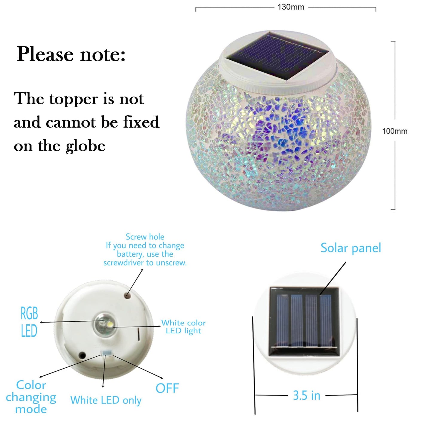 SmilingTown Solar Powered Mosaic Table Lamp - Waterproof LED Night Light,  le Glass, White, Model B07H24K7GX